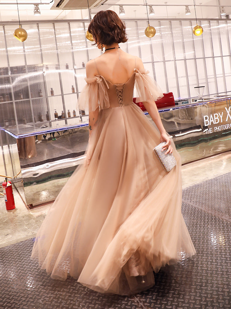 Coffee tulle lace long prom dress evening dress 8212