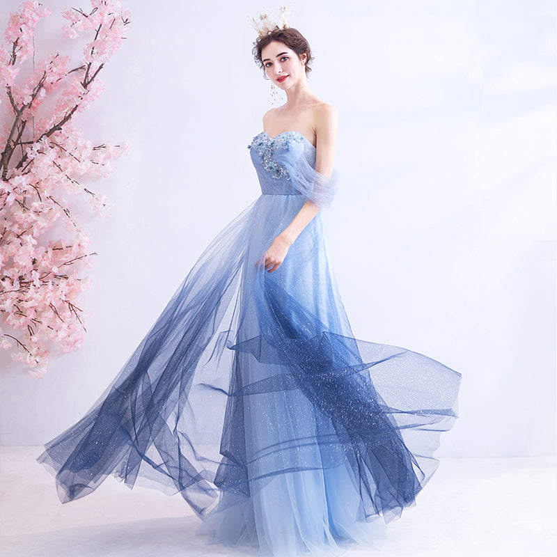 Blue tulle lace long prom dress party dress 8201