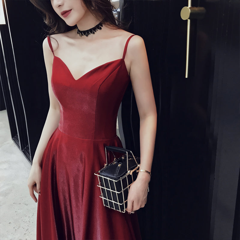 Simple v neck long A line prom dress, burgundy evening dress 8108