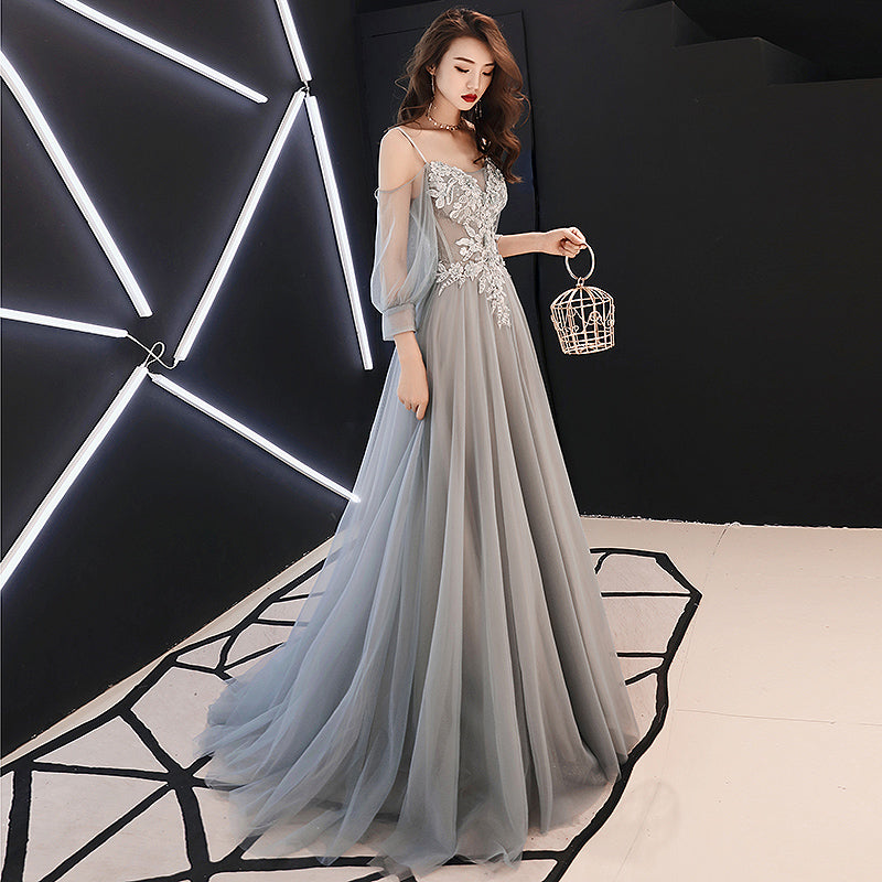 Gray lace tulle long prom dress, long sleeve evening dress 8081