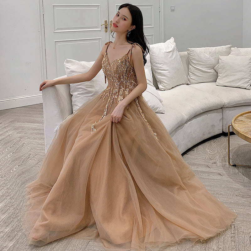 Stylish v neck tulle long prom dress, evening dress 8024