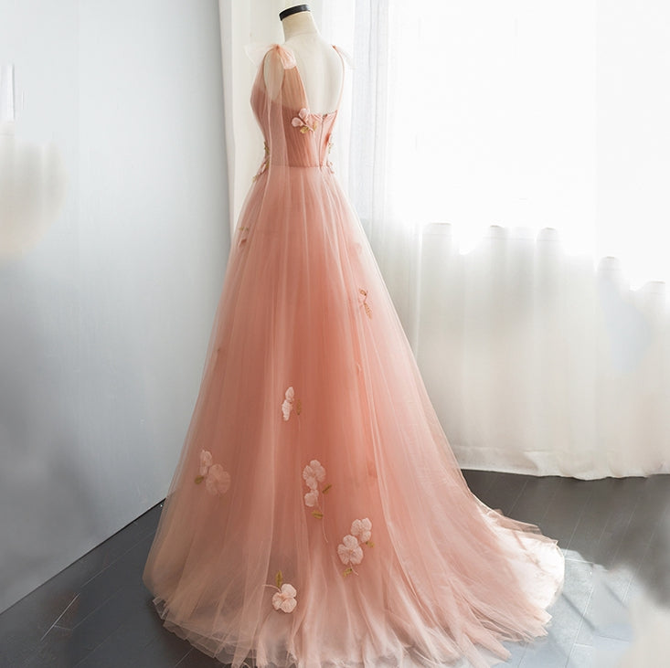 Pink tulle lace long prom dress, pink evening dress 7892