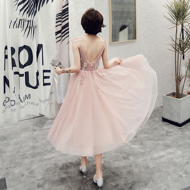 Pink v neck tulle lace short prom dress, evening dress 7987