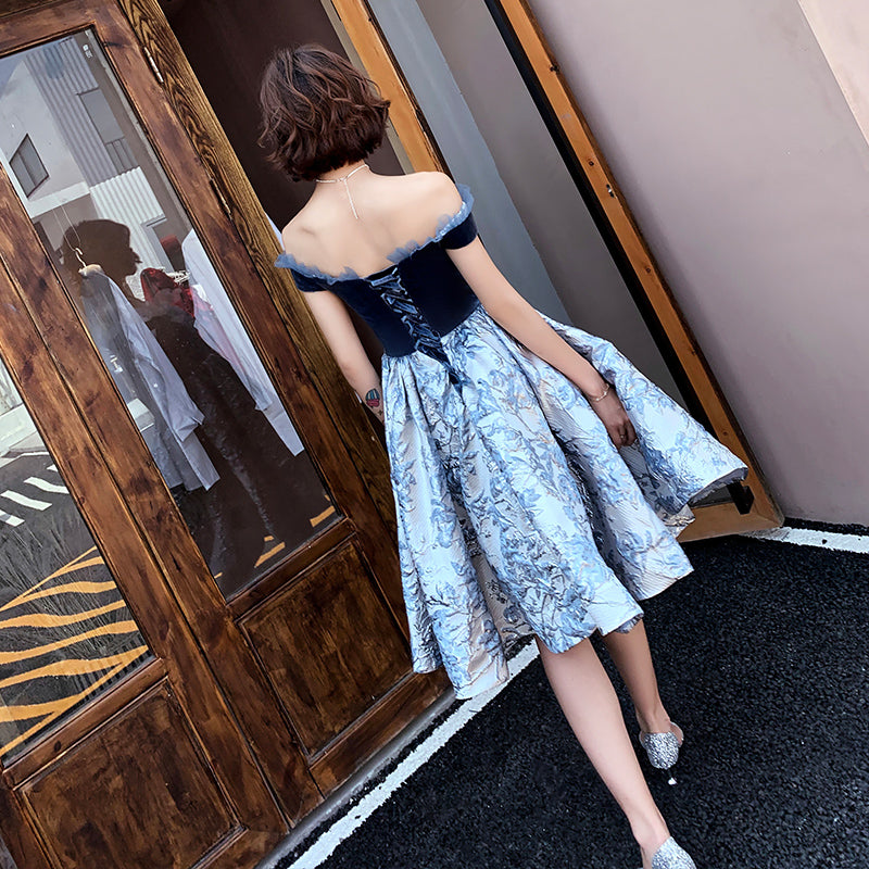 Blue velvet short prom dress party dress 8355