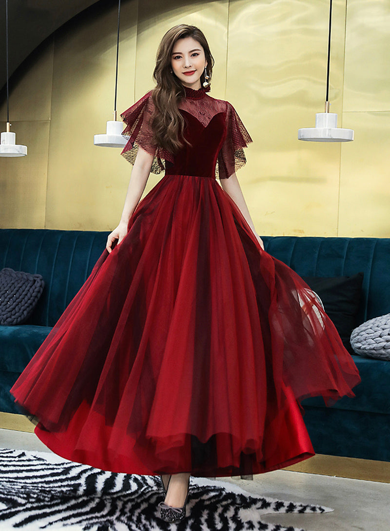 Burgundy velvet tulle prom dress burgundy evening dress 8380