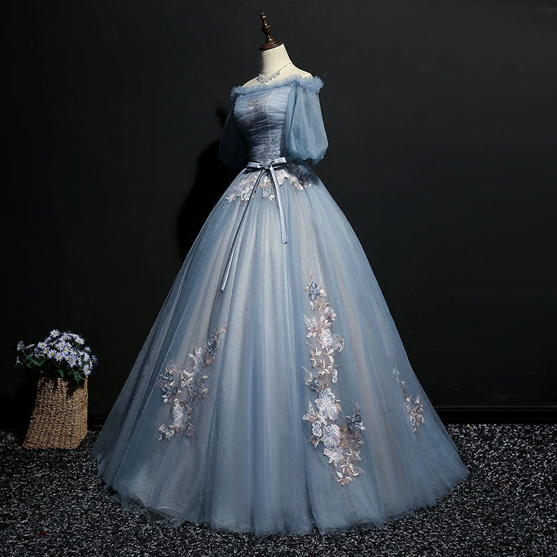 Gray blue tulle lace long prom gown, formal dress 7959