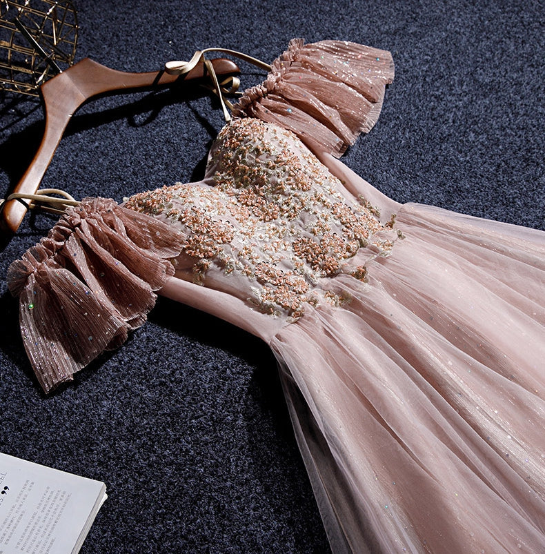 Pink tulle lace long prom dress evening dress 8349
