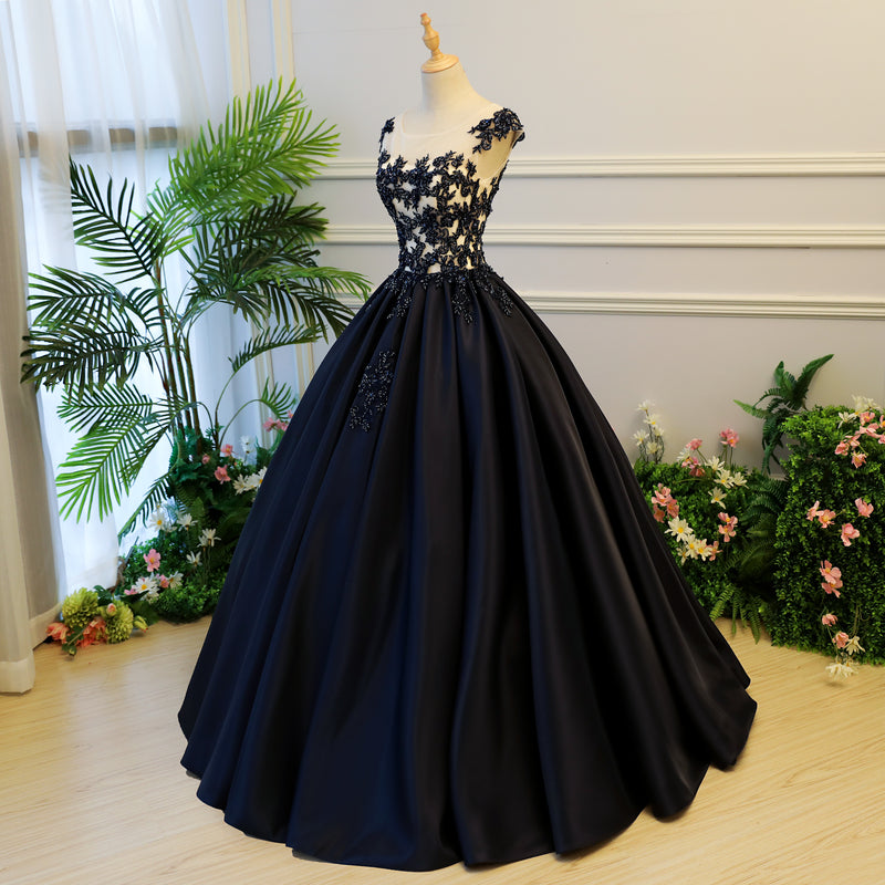 Dark blue lace long prom gown, evening dress 8059
