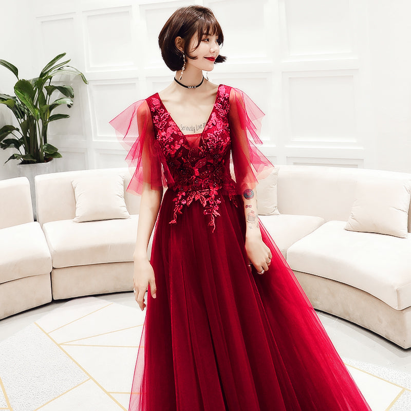 Burgundy v neck tulle lace long prom dress, evening dress 8029