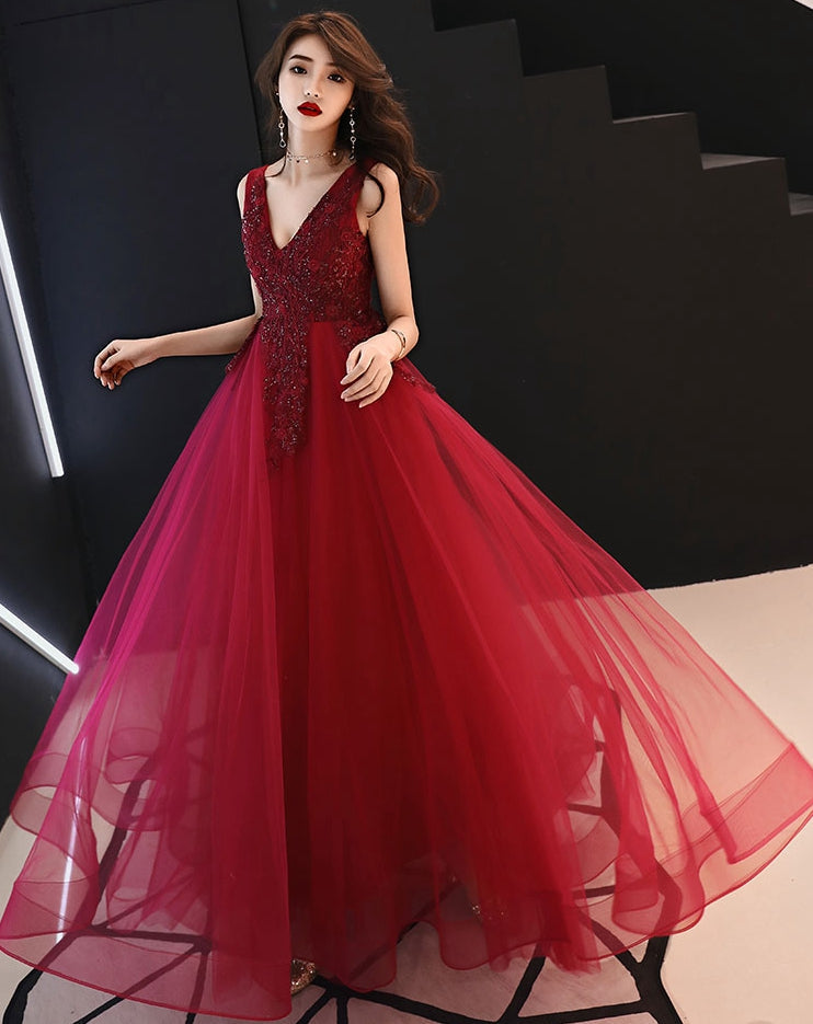 Burgundy v neck tulle lace long prom dress, evening dress 8004