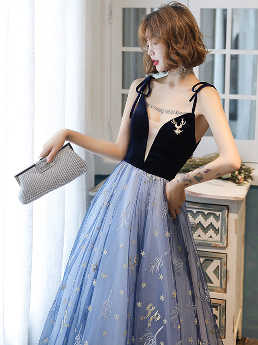 Blue v neck tulle long prom dress 8194