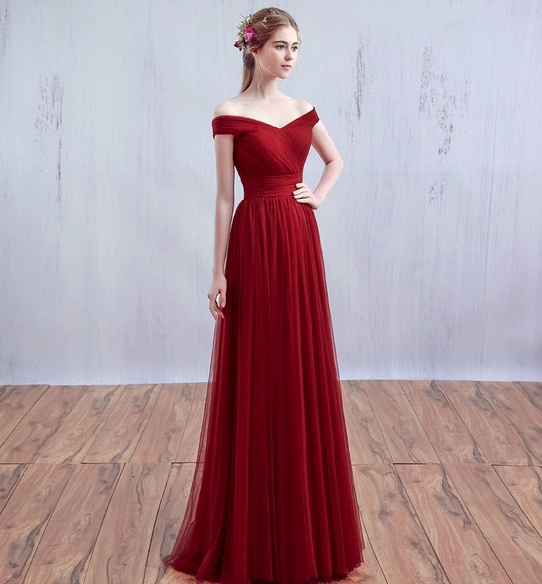 Burgundy v neck tulle long prom dress, burgundy evening dress 7902