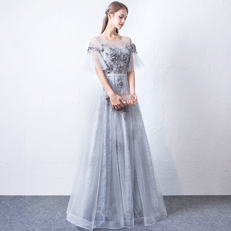 Gray round neck tulle lace long prom dress, evening dress 7942