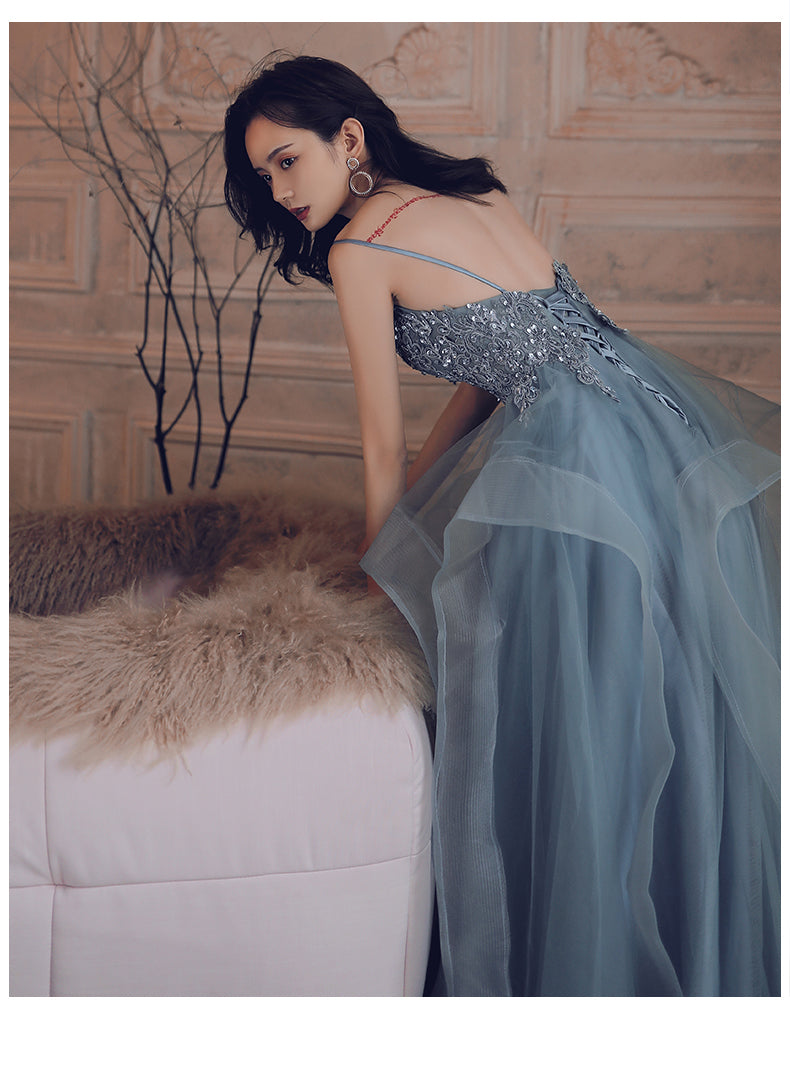 Blue v neck tulle lace long prom dress 8221