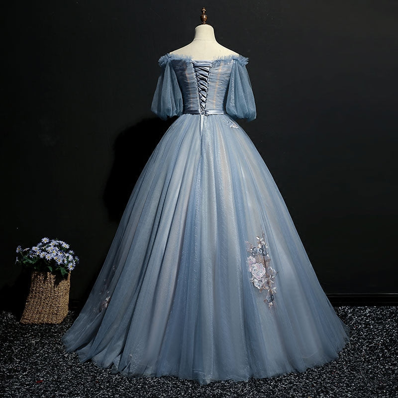 Gray blue tulle lace long prom gown, formal dress 7959