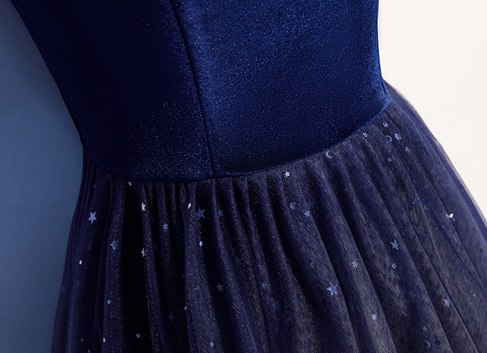 Blue tulle velvet long prom dress, blue evening dress 7914