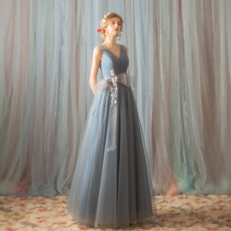Blue v neck tulle lace long prom dress, blue evening dress 7848