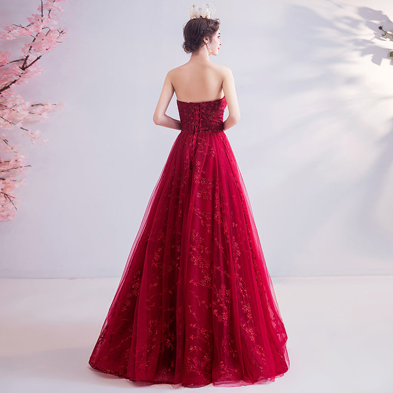 Burgundy lace long prom dress evening dress 8202