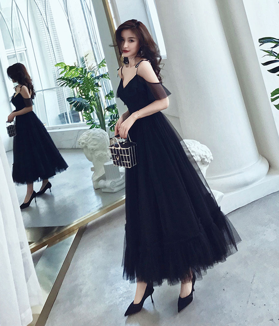 Black tulle tea length prom dress 8356