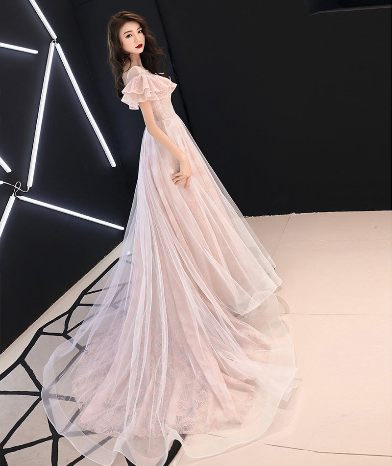 Pink lace tulle long prom dress pink evening dress 8372