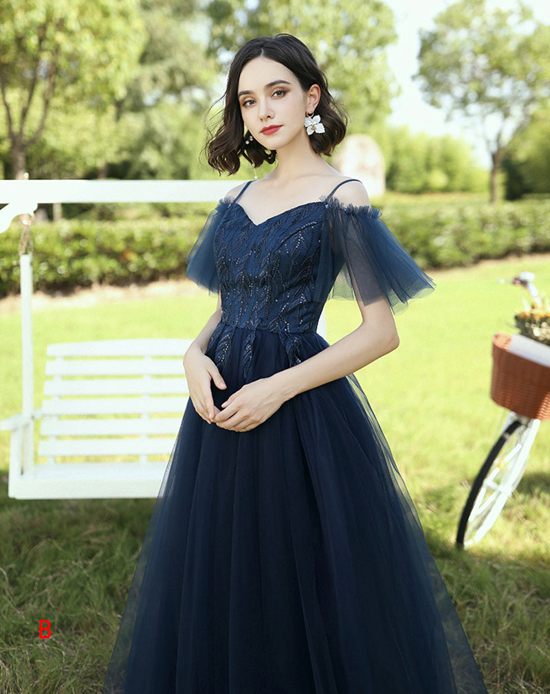 Blue tulle lace long prom dress blue evening dress 8404