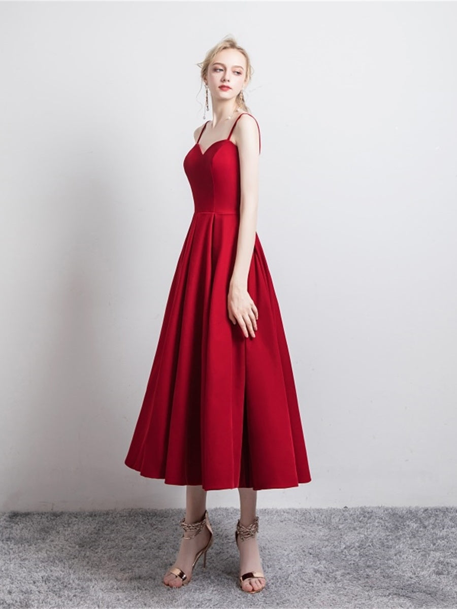 Simple satin short prom dress burgundy evening dress 8346