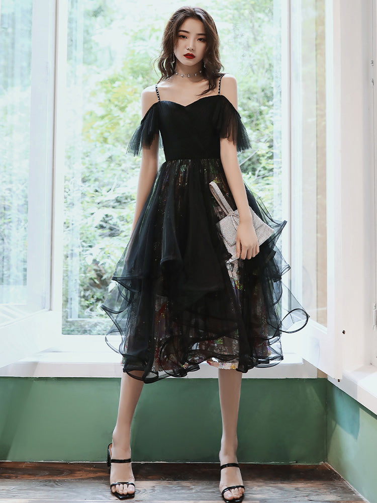 Unique design black tulle short prom dress 8358