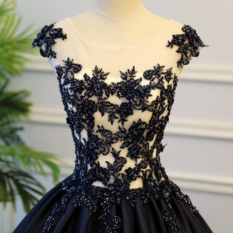 Dark blue lace long prom gown, evening dress 8059