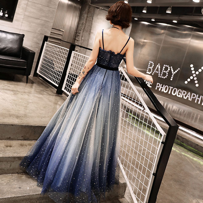 Dark blue tulle long prom dress, evening dress 7983
