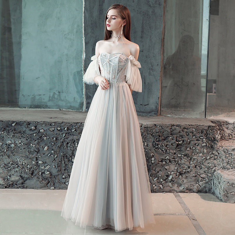 Stylish tulle off shoulder long prom dress, evening dress 7861