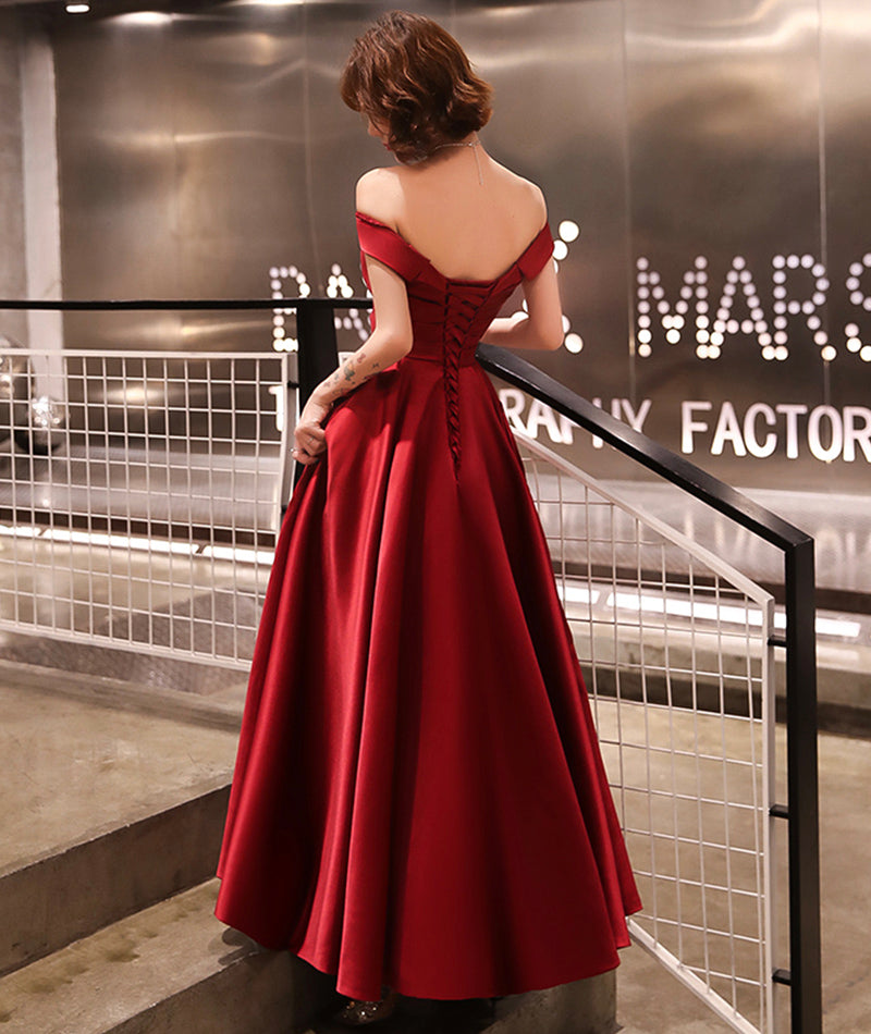 Burgundy satin A line prom dress party dress 8381
