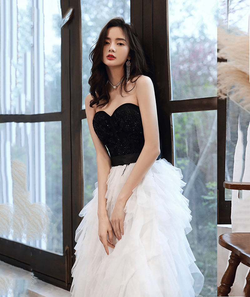 Stylish black and withe tulle long prom dress evening dress 8386