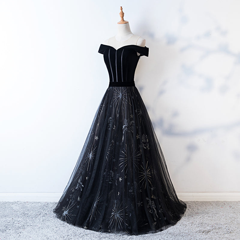Black tulle velvet long prom dress, evening dress 7992