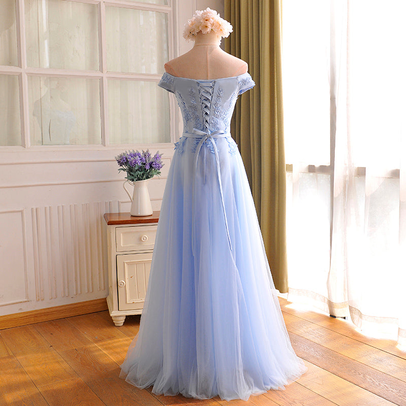 Blue tulle lace long prom dress, blue evening dress 8012