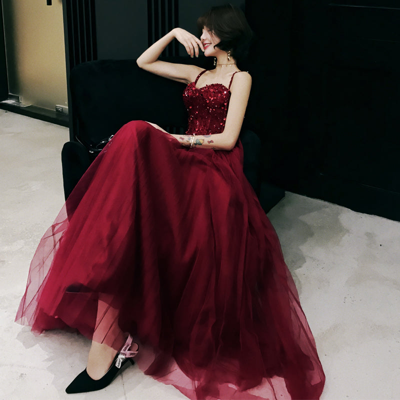 Burgundy sweetheart neck tulle long prom dress, evening dress 7971