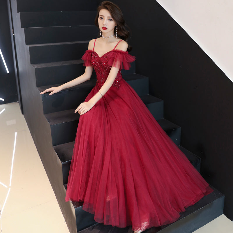 Burgundy tulle lace long prom dress, burgundy evening dress 7967