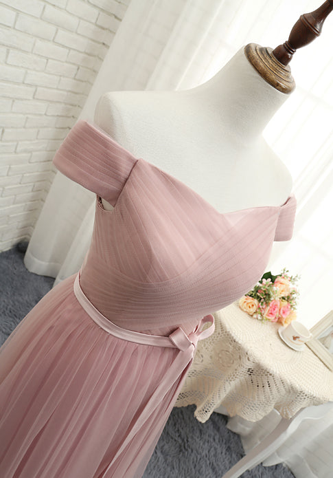 Pink tulle off shoulder A line long prom dress, pink evening dresses 7795