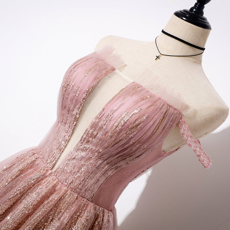 Sparkling pink tulle sequins long prom dress, evening dress 8104