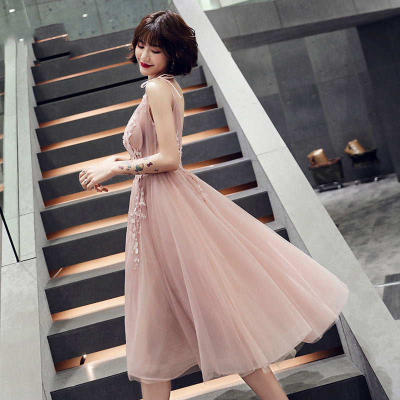 Pink v neck tulle lace short prom dress, evening dress 7987