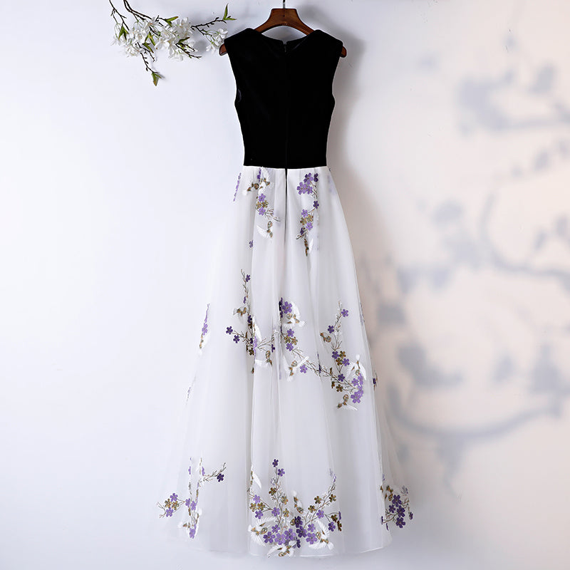 Black and white applique long prom dress, evening dress 8085