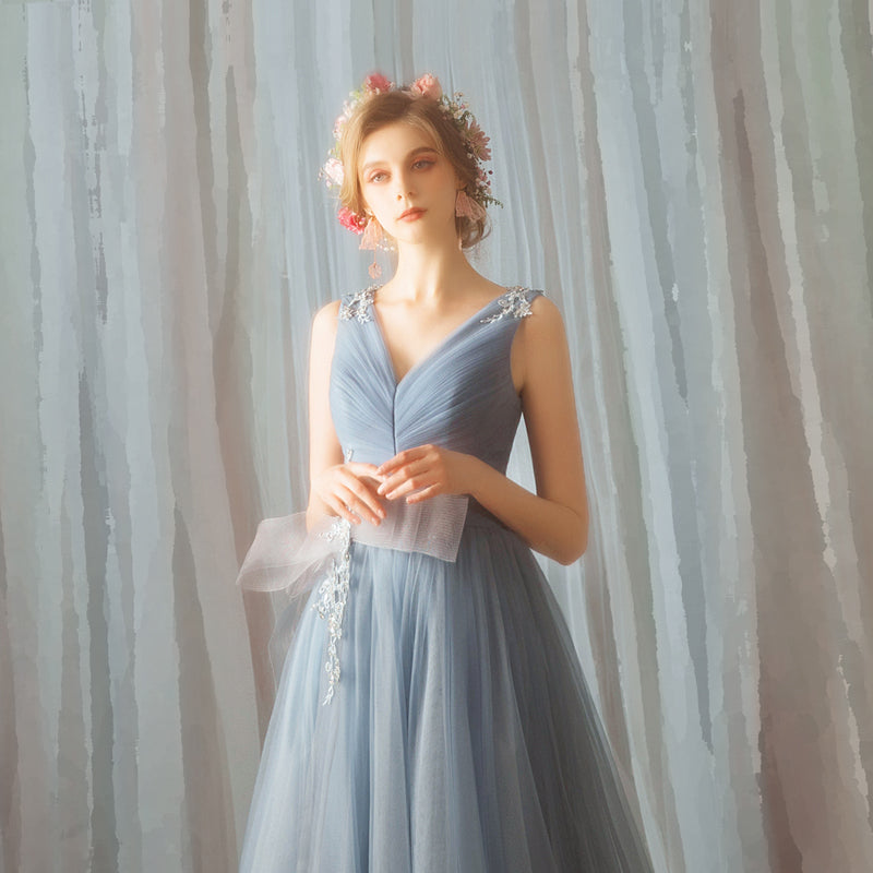Blue v neck tulle lace long prom dress, blue evening dress 7848