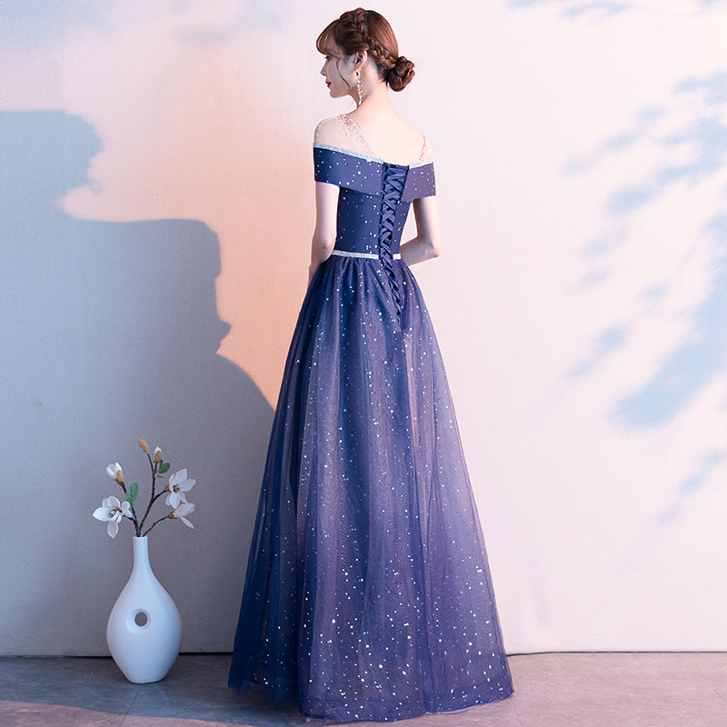 Blue tulle sequins prom dress formal dress 8337