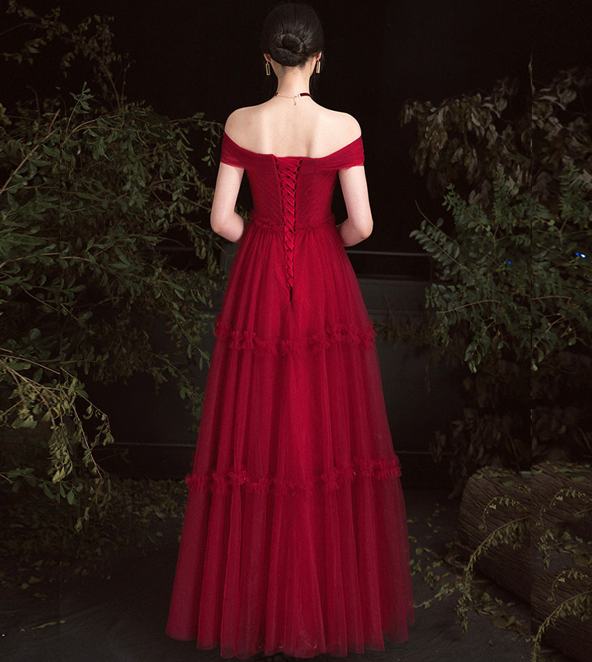 Burgundy tulle off shoulder prom dress evening dress 8391