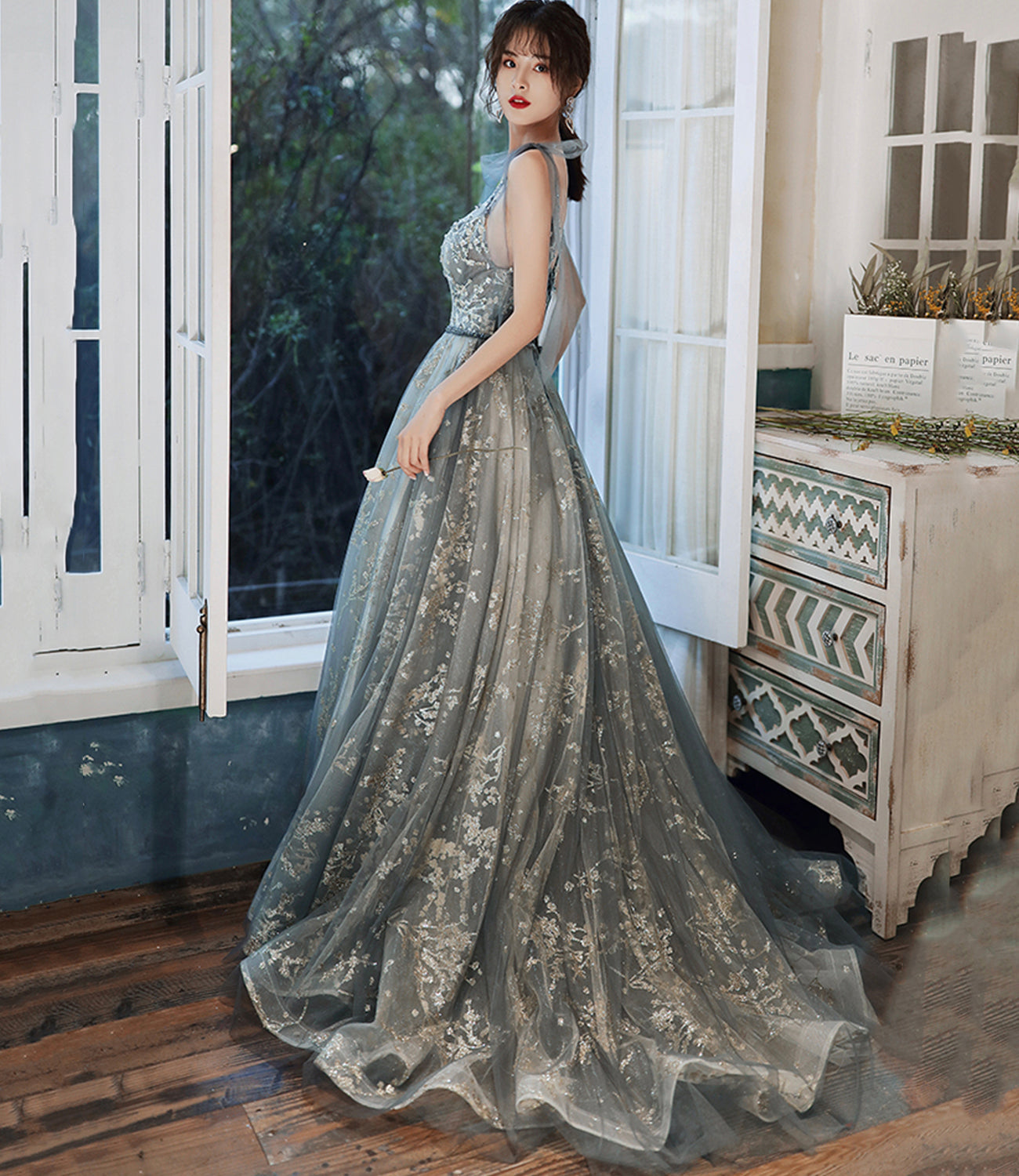 Gray tulle sequins long prom dress evening gown 10121