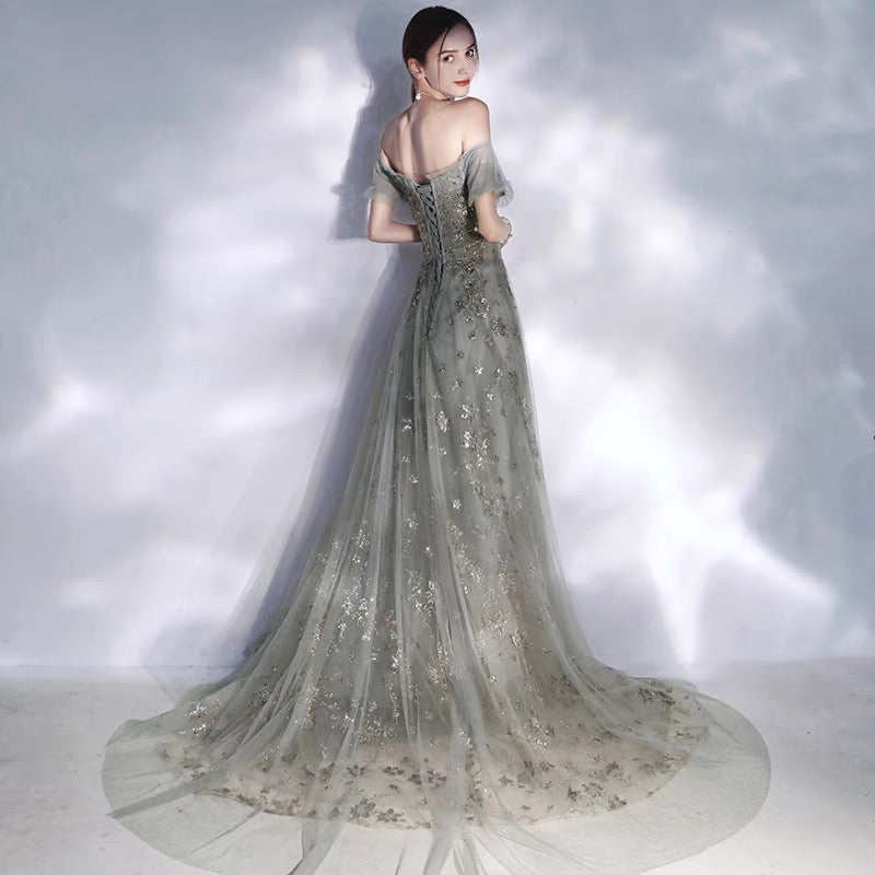 Gray tulle sequins long prom dress A line evening dress 10113