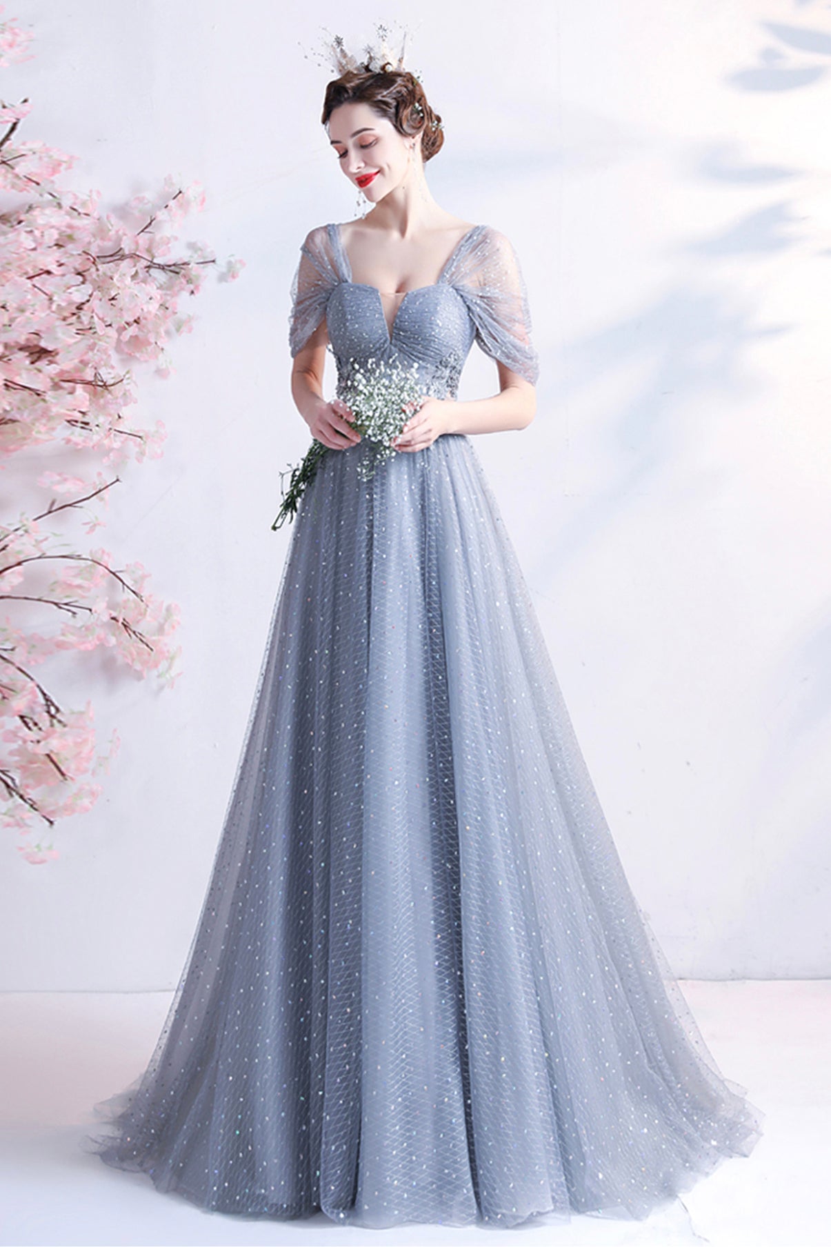 Gray tulle long A line prom dress gray evening dress 8770