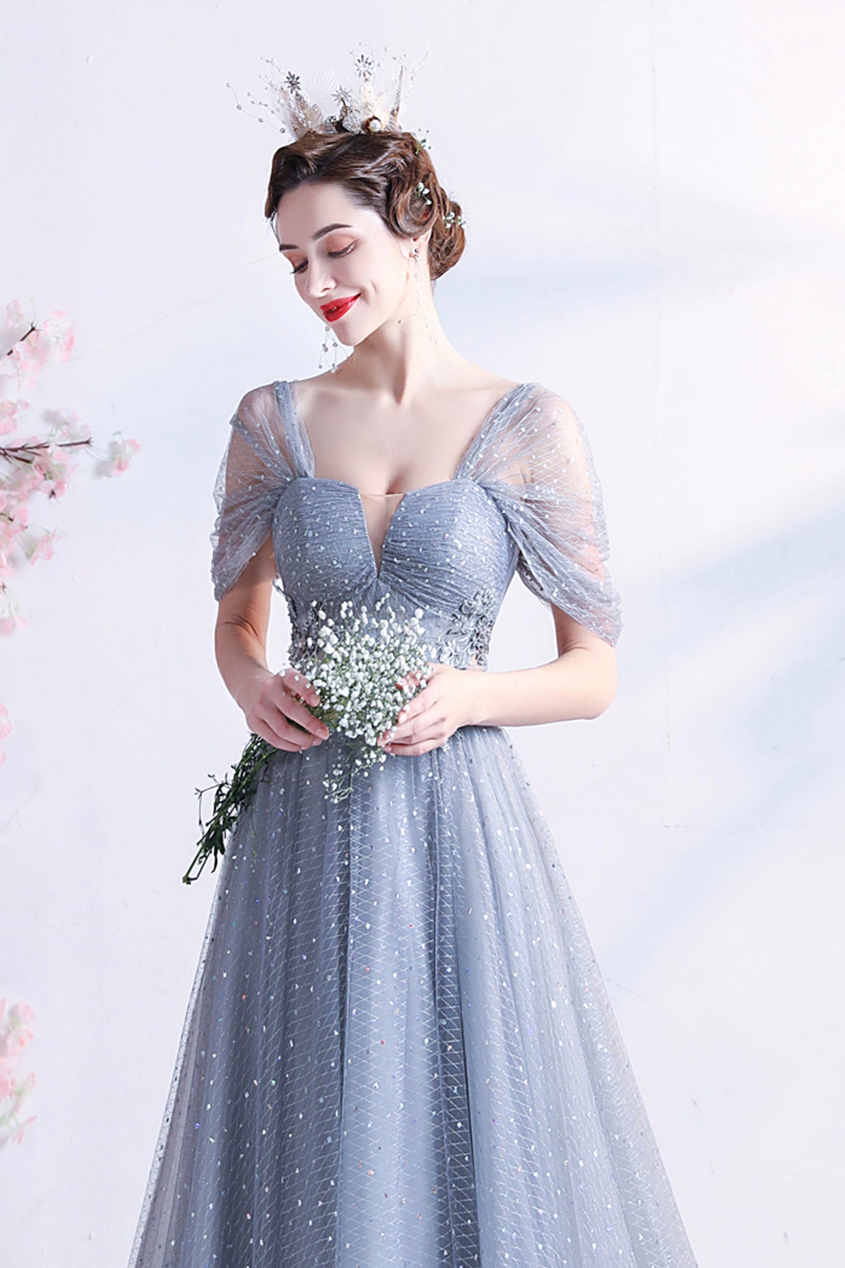 Gray tulle long A line prom dress gray evening dress 8770