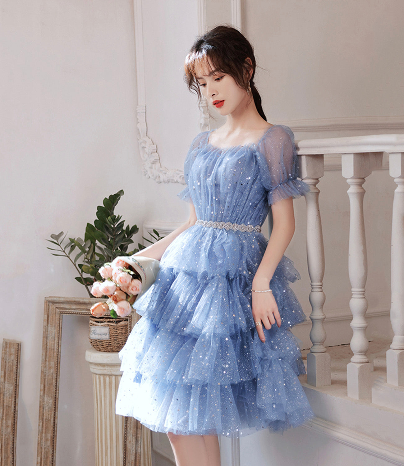 Blue tulle short A line prom dress homecoming dress 8897