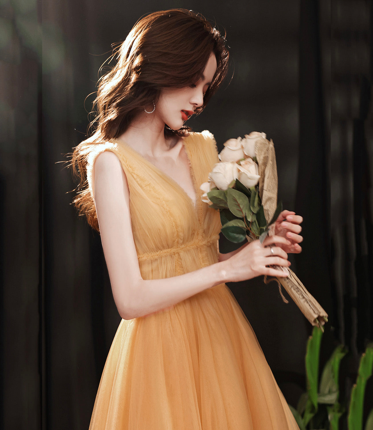 Yellow tulle short A line prom dress yellow evening dress 8933