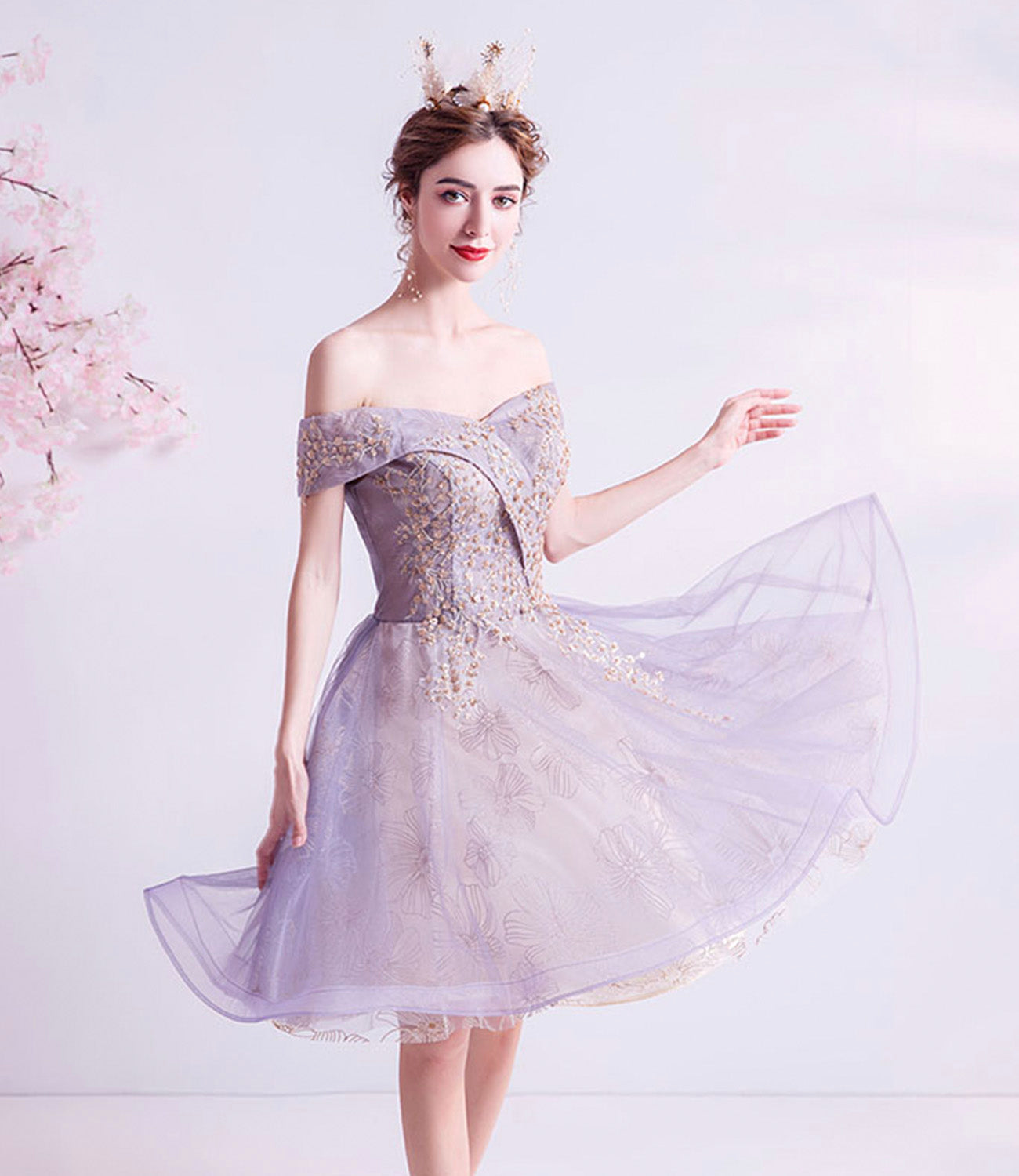 Purple tulle lace short prom dress homecoming dress 8900